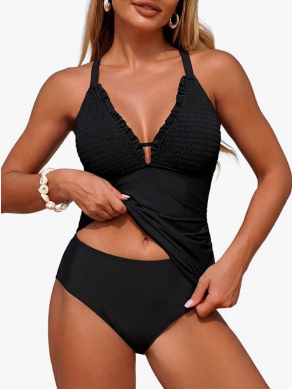 ZAFUL Tankini - Smocked 2 Piece Bathing Suits Tie Back Swimsuit Black XL